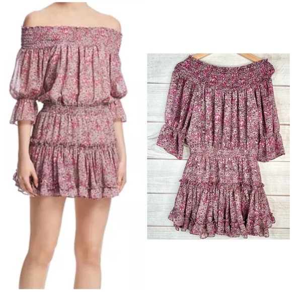 Misa Los Angeles Dresses & Skirts - MISA Los Angeles Castellar Off The Shoulder Ruffle Mini Dress Gray Purple Sz S
